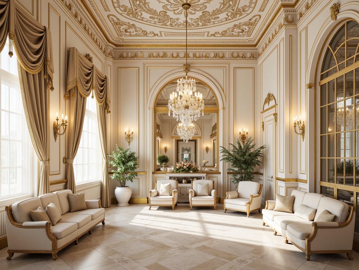 Prompt: Opulent Rococo interior, intricately carved decorative moldings, gilded accents, ornate plasterwork, creamy white walls, soft golden lighting, lavish furnishings, velvet drapes, crystal chandeliers, polished marble floors, curved lines, floral patterns, shell motifs, acanthus leaves, delicate foliage, warm beige tones, rich textures, shallow depth of field, 1/1 composition, realistic renderings, ambient occlusion.