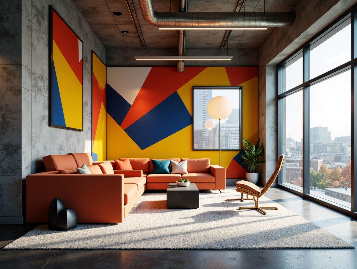 Prompt: Vibrant primary colors, bold geometric shapes, industrial materials, metal pipes, concrete walls, minimalist decor, functional furniture, emphasis on simplicity, clean lines, rectangular forms, monochromatic color scheme, abstract patterns, urban cityscape, bright natural light, high contrast shadows, 1/1 composition, realistic textures, ambient occlusion.Please let me know if this meets your requirements!