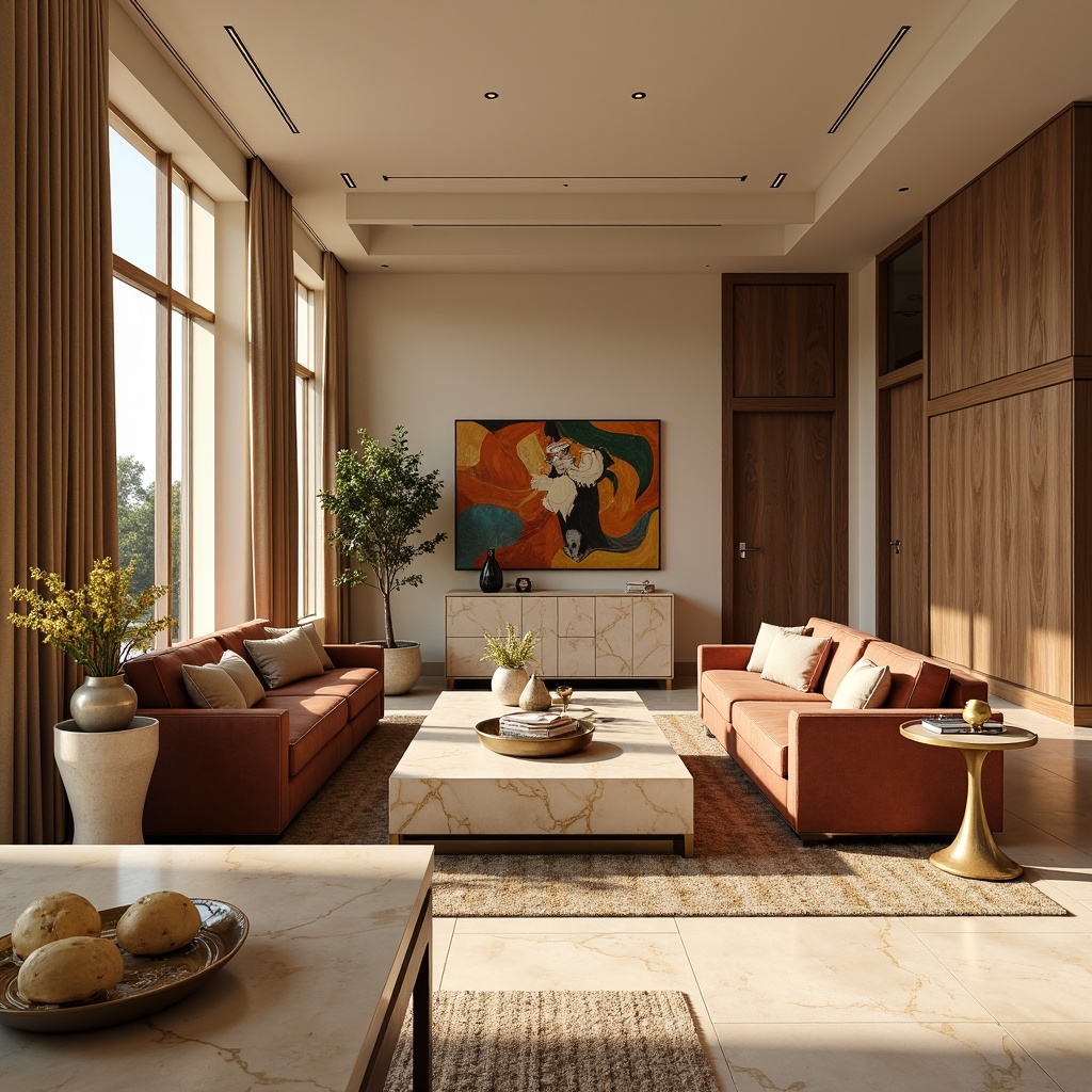 Prompt: Vibrant living room, soft warm beige walls, rich walnut wood furniture, plush velvet sofas, creamy marble countertops, metallic gold accents, natural stone flooring, large windows, abundant sunlight, gentle warm lighting, shallow depth of field, 3/4 composition, realistic textures, ambient occlusion.