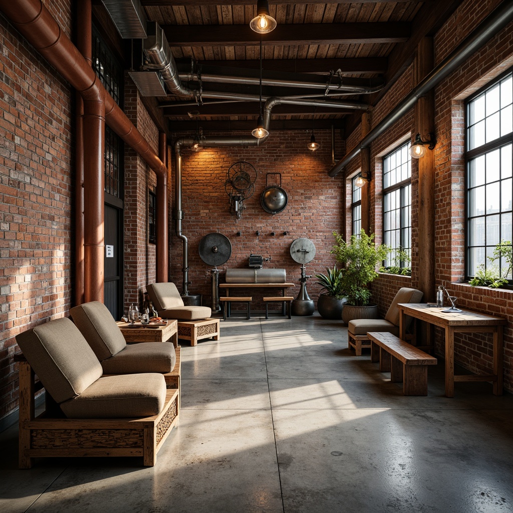 Prompt: Rustic industrial interior, exposed brick walls, polished concrete floors, metal accents, copper pipes, steel beams, reclaimed wood furniture, vintage machinery, Edison light bulbs, urban loft atmosphere, natural textiles, earthy color palette, dramatic shadows, high contrast lighting, shallow depth of field, 2/3 composition, realistic metallic reflections.