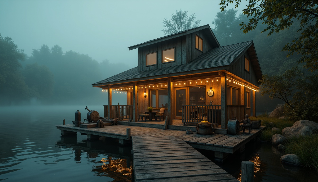 Prompt: Mysterious boathouse, rustic wooden dock, eerie foggy atmosphere, twinkling string lights, vintage nautical instruments, distressed metal accents, weathered stone walls, moss-covered roofs, overgrown vegetation, misty lake scenery, warm golden lighting, soft focus, 1/2 composition, cinematic mood, rich textures, subtle color grading.Let me know if you need any adjustments or if this meets your requirements!