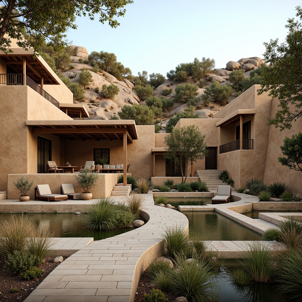 Prompt: Earthy rammed earth homes, natural terrain integration, rustic outdoor spaces, weathered wooden decks, cantilevered roofs, lush greenery, native plants, meandering stone pathways, serene water features, organic forms, curved lines, earthy color palette, warm natural lighting, shallow depth of field, 1/1 composition, realistic textures, ambient occlusion.