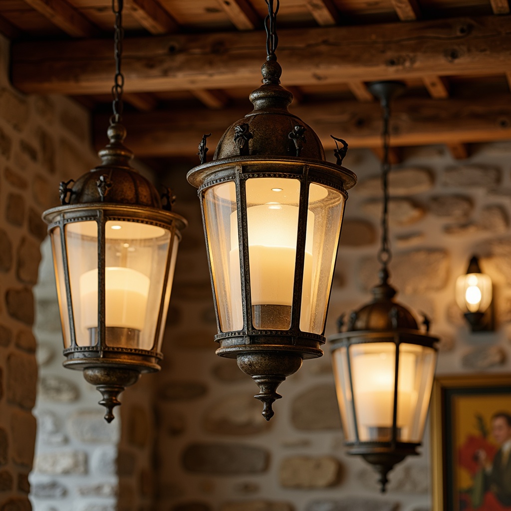 Prompt: Rustic chandeliers, distressed metal lanterns, soft warm glow, candle-like lighting, ornate metalwork, cream-colored shades, wooden ceiling beams, exposed stone walls, cozy atmosphere, vintage-inspired fixtures, earthy tone colors, natural textures, country-style decor, elegant yet rustic ambiance, warm beige tones, subtle sparkle, 1/2 composition, intimate mood lighting.