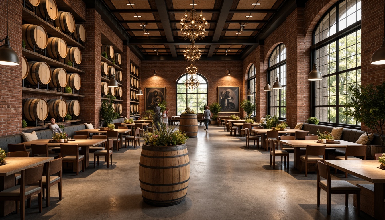 Prompt: Rustic winery interior, modern industrial style, polished concrete floors, reclaimed wood accents, wine barrel-inspired decor, metallic tones, exposed brick walls, high ceilings, dramatic chandeliers, natural stone surfaces, earthy color palette, rich textures, warm ambient lighting, shallow depth of field, 1/2 composition, soft focus effect, realistic reflections.