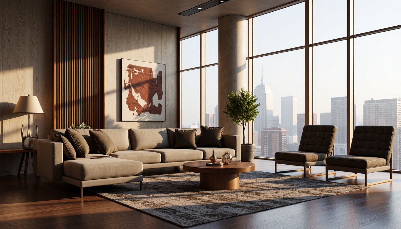 Prompt: Luxurious living room, sleek low-profile sofa, tufted velvet upholstery, polished chrome legs, minimalist coffee table, geometric patterned rug, floor-to-ceiling windows, city skyline view, soft warm lighting, 1/1 composition, realistic textures, ambient occlusion, modern abstract artwork, metallic accents, rich wood tones, sophisticated color palette, comfortable plush armchairs, elegant side tables, ornate decorative vases.