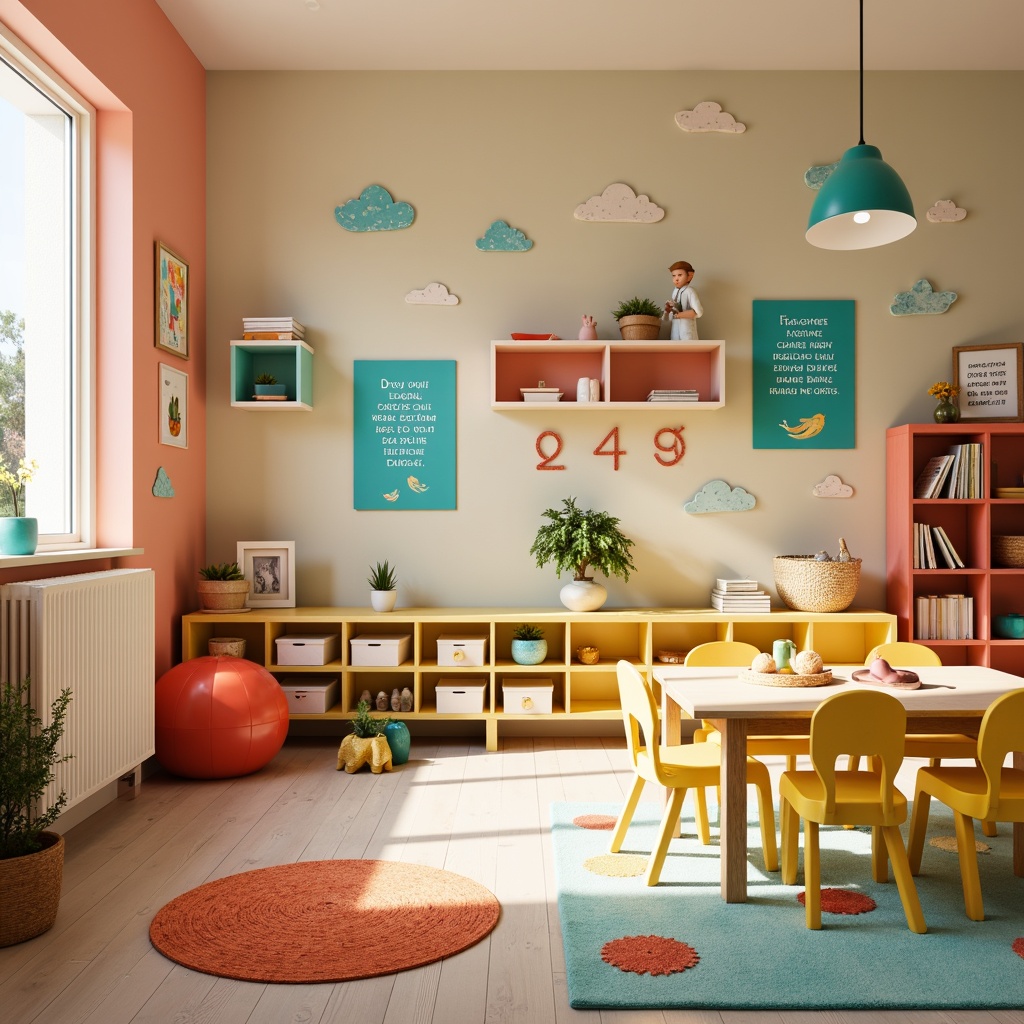 Prompt: Vibrant kindergarten classroom, soft pastel colors, warm beige walls, bright yellow furniture, playful turquoise accents, lively coral decorations, whimsical cloud-shaped shelves, sturdy wooden tables, colorful rug patterns, educational posters, fun alphabet charts, inspiring quote displays, natural light pouring in, gentle diffused lighting, shallow depth of field, 1/1 composition, realistic textures, ambient occlusion.