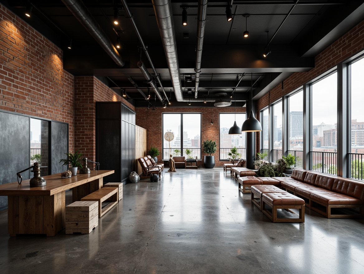 Prompt: Exposed brick walls, distressed metal cladding, reclaimed wood accents, polished concrete floors, matte black steel beams, industrial-style lighting fixtures, metallic pipes, minimalist decor, functional machinery, worn leather upholstery, rough-hewn wooden crates, urban cityscape views, overcast skies, dramatic shadows, high-contrast lighting, 2/3 composition, symmetrical framing, gritty textures, ambient occlusion.