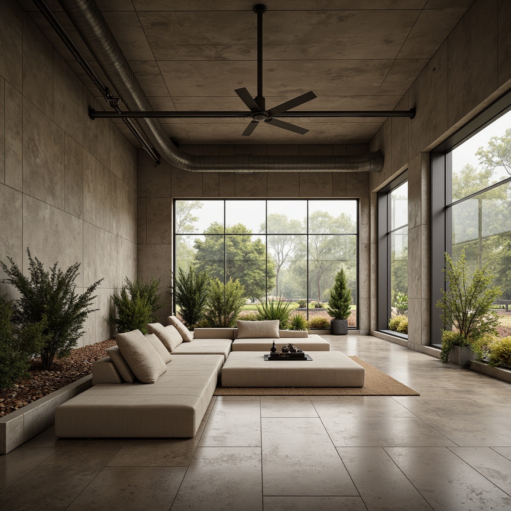 Prompt: Brutalist interior, raw concrete walls, exposed ductwork, industrial pipes, minimalist decor, sparse greenery, natural stone flooring, metal beams, translucent glass surfaces, ambient soft lighting, 1/1 composition, shallow depth of field, realistic textures, warm earthy tones, rugged industrial aesthetic, functional simplicity.