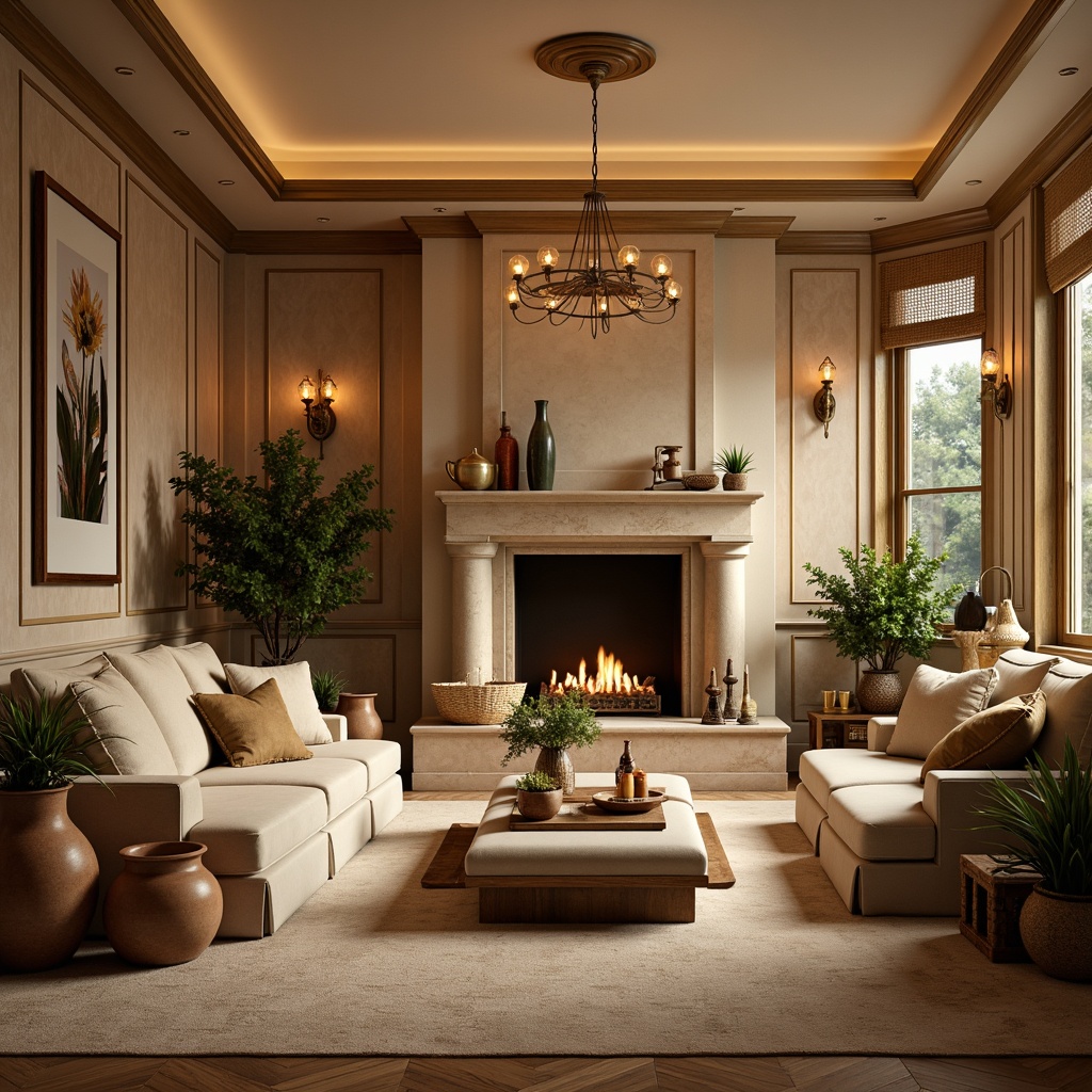 Prompt: Cozy living room, warm beige walls, rich wood tones, plush velvet sofas, golden lighting fixtures, soft cream-colored carpets, vintage decorative accents, natural stone fireplaces, earthy terracotta planters, lush greenery, warm ambient glow, shallow depth of field, 3/4 composition, panoramic view, realistic textures, ambient occlusion.