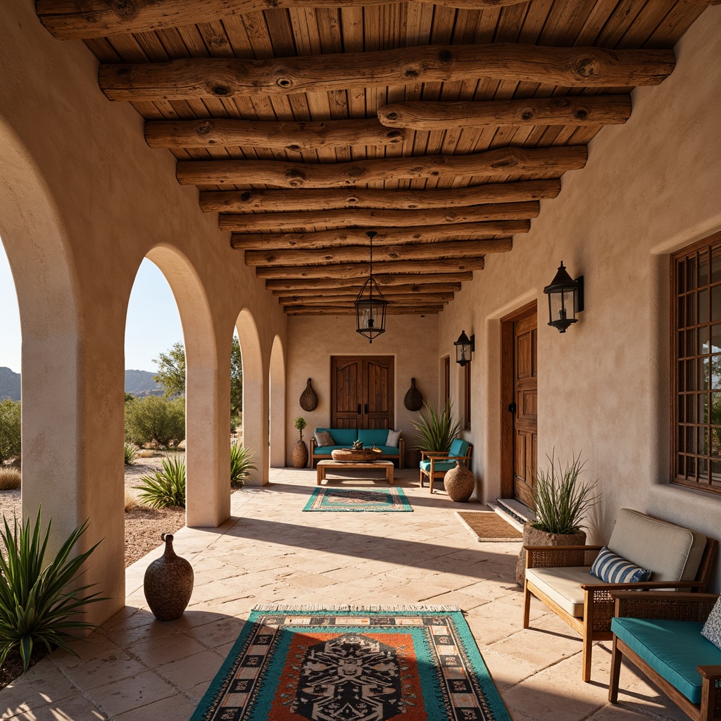 Prompt: Adobe earth tones, rustic stonework, curved lines, ornate wooden doors, wrought iron accents, vibrant turquoise hues, geometric patterns, Native American-inspired textiles, natural fiber rugs, exposed wooden beams, clay tile roofs, arched windows, adobe brick walls, Spanish colonial architecture, desert landscapes, cacti plants, sandy dunes, warm golden lighting, low-angle photography, rustic metal lanterns, hand-carved wooden decorations.