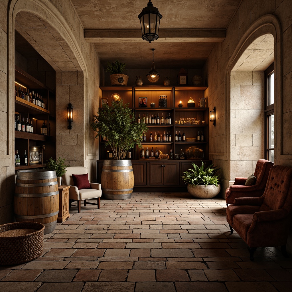 Prompt: Distressed wooden planks, worn stone floors, rustic brick pathways, vintage wine barrels, soft candlelight, warm beige tones, ornate metal racks, wooden wine crates, rich velvet drapes, antique furniture pieces, distressed leather armchairs, dimly lit atmosphere, dramatic archways, natural stone walls, earthy scent, 1/1 composition, warm color palette, realistic textures, ambient occlusion.