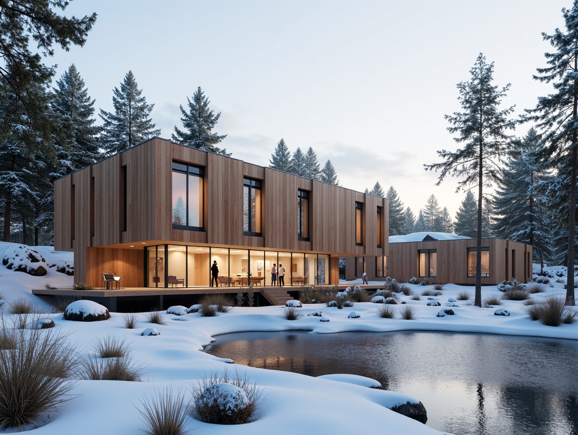 Prompt: Nordic performance center, minimalist architecture, wooden accents, large windows, clerestory roofs, skylights, translucent walls, reflective surfaces, Nordic pine forests, snowy landscapes, frozen lakes, misty mornings, soft warm lighting, shallow depth of field, 1/1 composition, panoramic view, realistic textures, ambient occlusion.