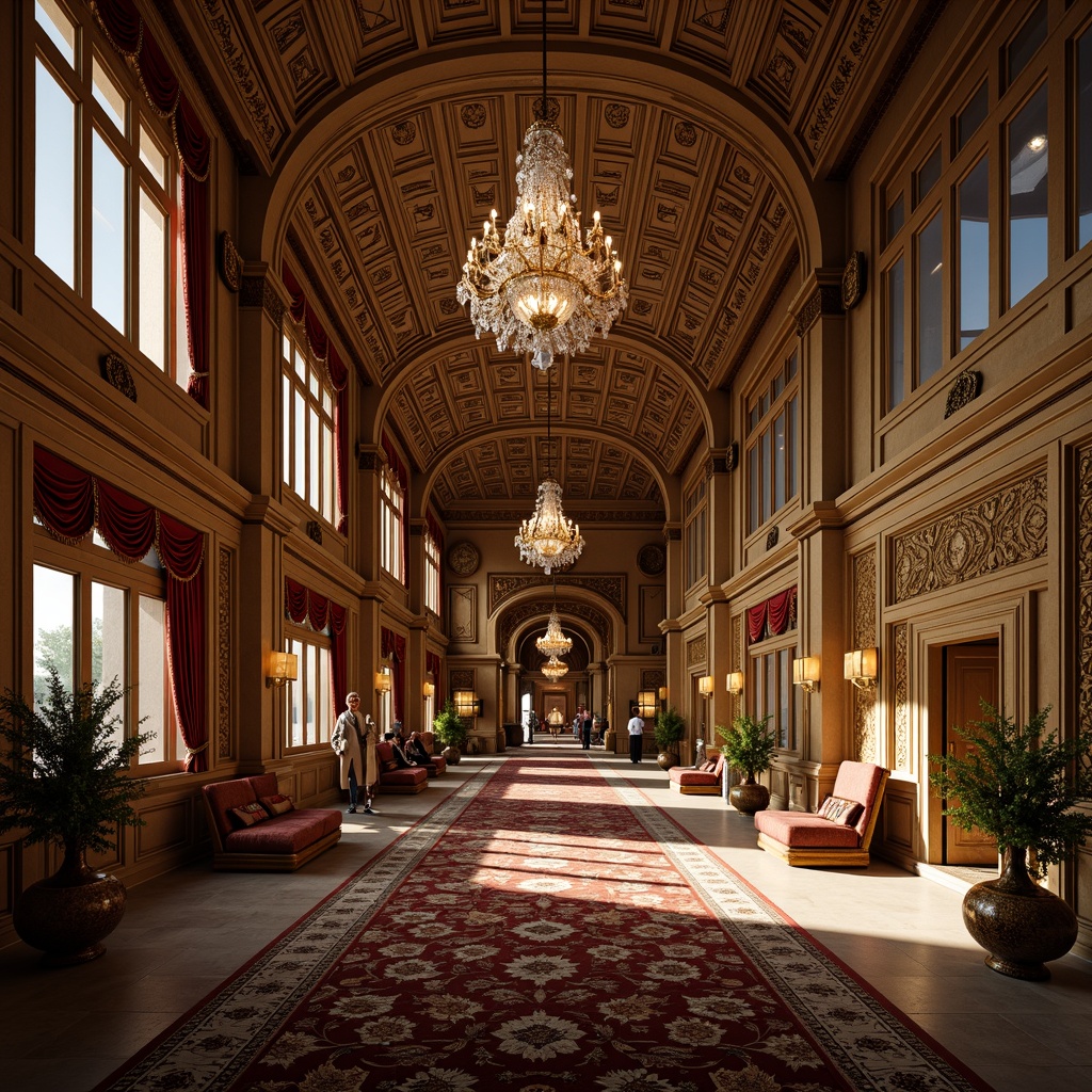 Prompt: Ornate palatial interior, grandiose chandeliers, intricately carved wooden panels, gilded decorative accents, richly patterned rugs, luxurious velvet drapes, ornamental furnishings, curved lines, dynamic shapes, warm golden lighting, dramatic shadows, high contrast ratios, 1/1 composition, cinematic view, detailed textures, ambient occlusion.