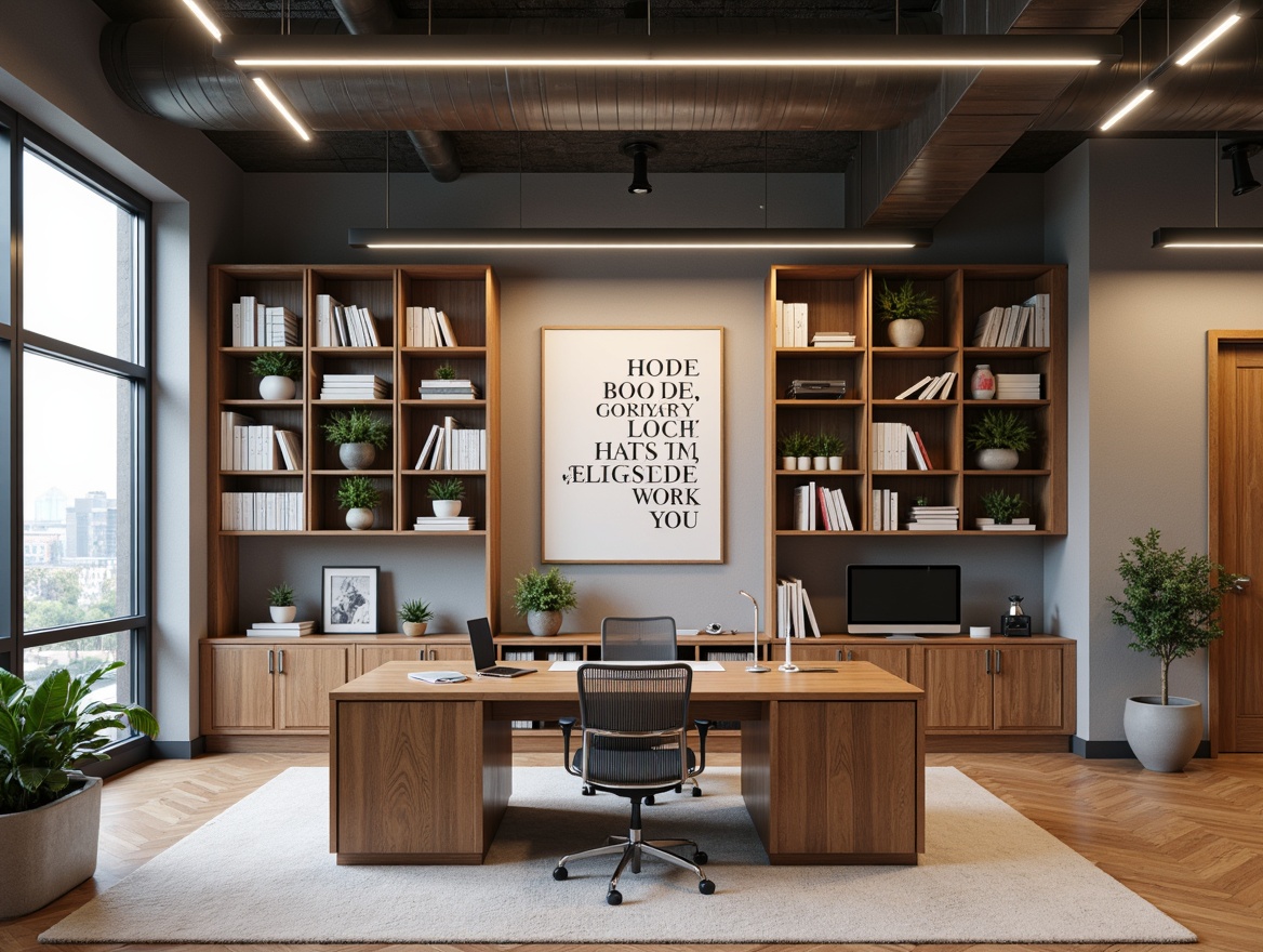 Prompt: Minimalist wooden desk, ergonomic chair, good task lighting, inspirational quotes, motivational artwork, floor-to-ceiling bookshelves, organized storage cabinets, comfortable reading nook, plush area rug, neutral color palette, abundant natural light, open space layout, collaborative workstations, modern shelving units, functional decorative partitions, cozy breakout rooms, state-of-the-art audio-visual equipment, sleek metal-legged tables, adjustable monitor arms, acoustic soundproofing, calming greenery, subtle branding elements, warm and inviting atmosphere, shallow depth of field, 1/1 composition, softbox lighting, realistic textures.