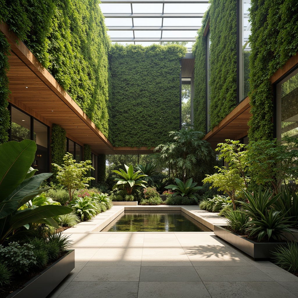 Prompt: Luminous indoor garden, lush green walls, vibrant tropical plants, natural stone flooring, wooden accents, floor-to-ceiling windows, abundant daylight, soft warm lighting, 1/1 composition, shallow depth of field, realistic textures, ambient occlusion, modern minimalist decor, sleek metal planters, water features, peaceful ambiance, serene atmosphere, natural elegance.