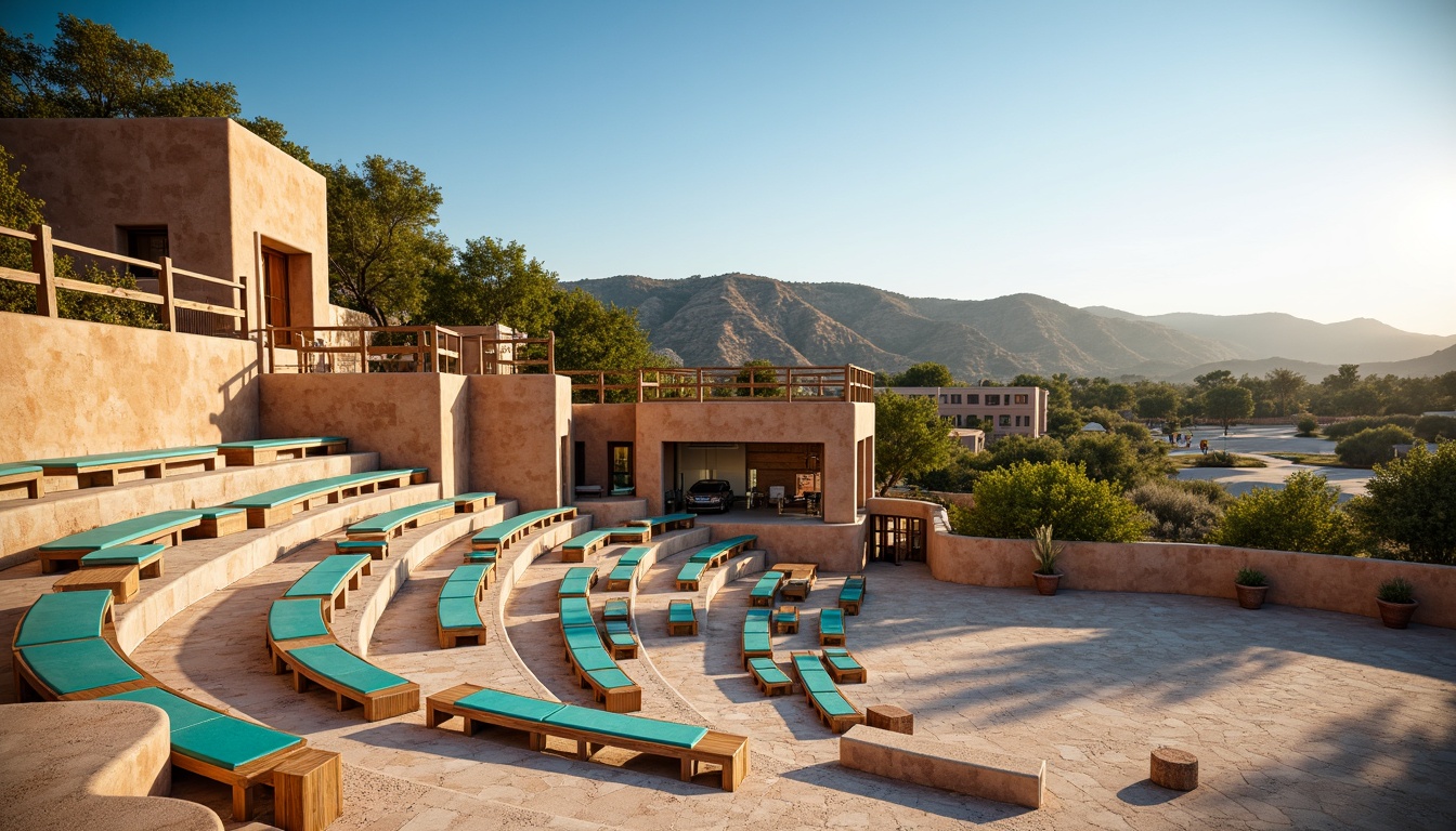 Prompt: Southwestern amphitheater, tiered seating arrangement, curved rows, natural stone benches, wooden accents, vibrant turquoise upholstery, desert landscape, cactus plants, sandy dunes, clear blue sky, warm sunny day, soft warm lighting, shallow depth of field, 3/4 composition, panoramic view, realistic textures, ambient occlusion, rustic metal railings, adobe-inspired architecture, earthy color palette.