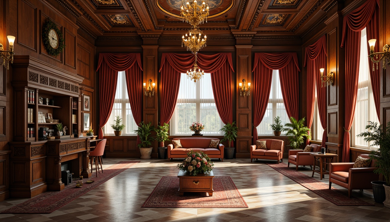 Prompt: Richly ornate bank interior, traditional wooden furniture, intricately carved details, plush leather armchairs, polished marble floors, grand chandeliers, imposing columns, ornate moldings, luxurious velvet drapes, antique clocks, vintage banking equipment, warm golden lighting, shallow depth of field, 1/2 composition, realistic textures, ambient occlusion.