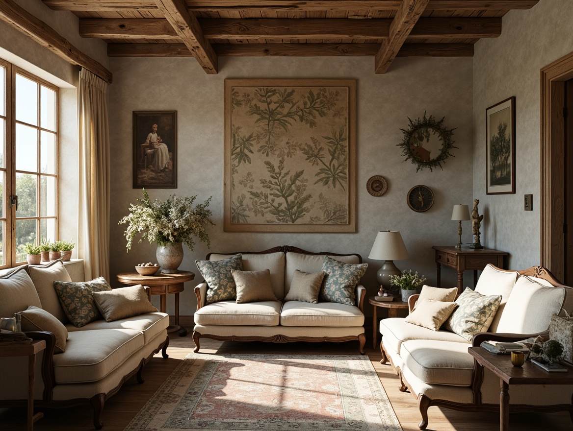 Prompt: Rustic countryside, vintage distressed fabrics, soft linen textures, natural earthy tones, floral patterns, toile de Jouy prints, rich velvet drapes, antique wooden furniture, ornate carvings, elegant curved lines, creamy whites, warm beige, soft sage greens, faded blues, romantic candlelight, subtle shadows, 1/1 composition, intimate atmosphere, realistic fabrics, ambient occlusion.