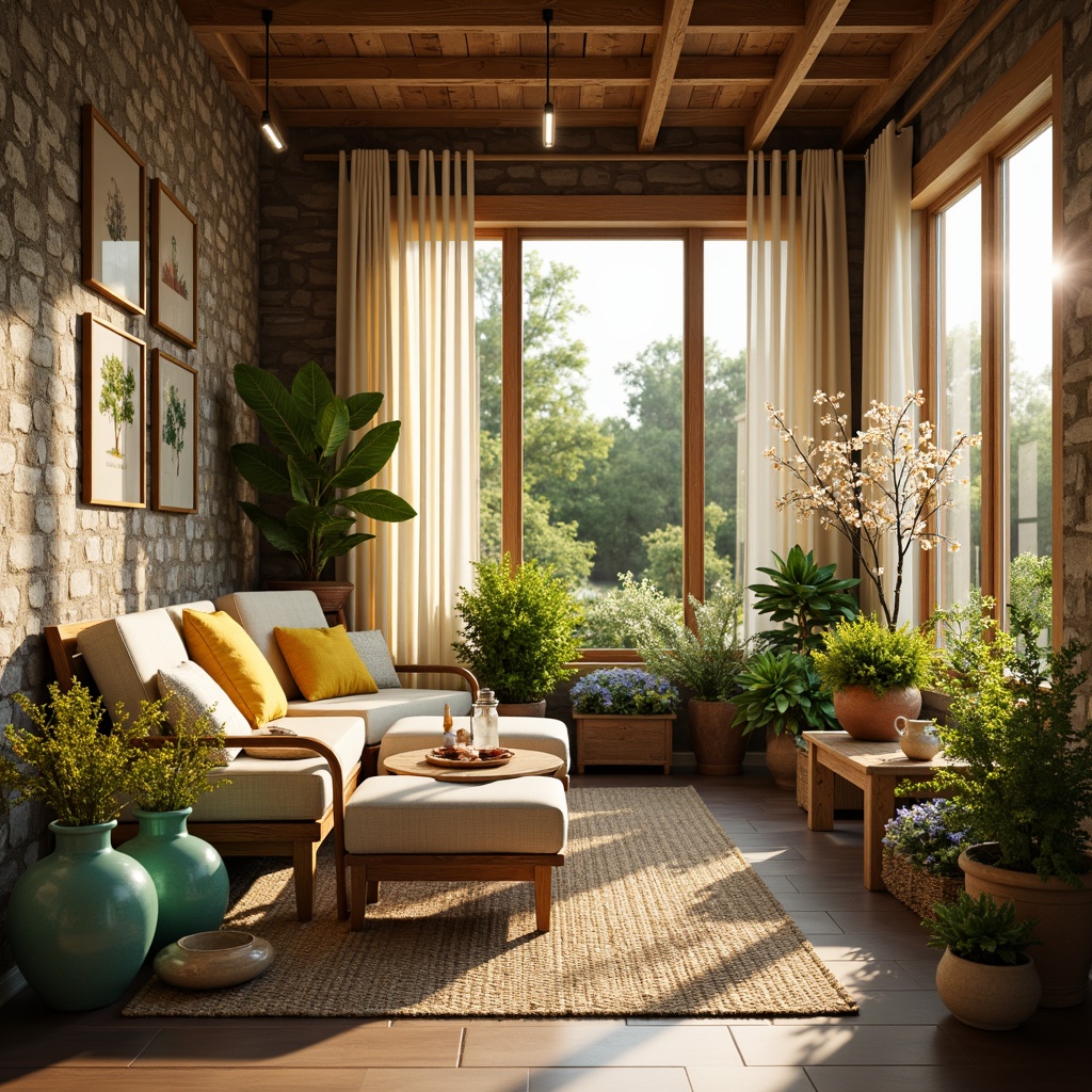 Prompt: Vibrant sunroom, natural stone walls, wooden accents, lush greenery, blooming flowers, warm beige upholstery, soft cream curtains, bright yellow decorative pillows, calming turquoise vases, rustic wooden furniture, earthy terracotta pots, serene morning light, gentle warm glow, shallow depth of field, 1/1 composition, realistic textures, ambient occlusion.