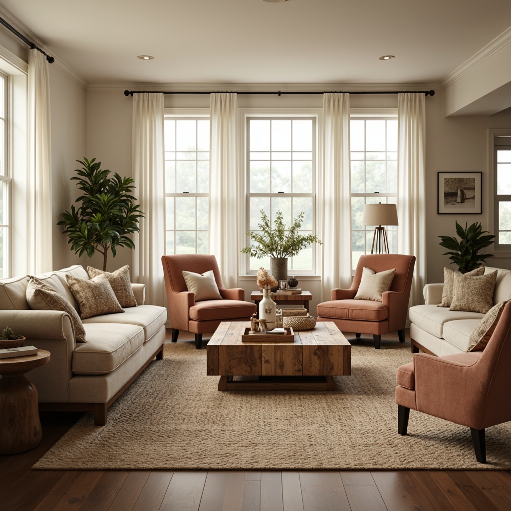 Prompt: Cozy living room, plush sofas, velvet armchairs, reclaimed wood coffee tables, woven baskets, floor lamps, natural fiber rugs, creamy white walls, large windows, soft warm lighting, shallow depth of field, 3/4 composition, realistic textures, ambient occlusion.