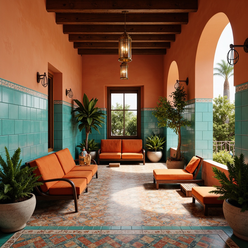 Prompt: Vibrant Mediterranean interior, warm terracotta walls, turquoise accent tiles, rustic wooden beams, ornate metal lanterns, plush velvet furniture, lush greenery, natural stone flooring, intricate mosaic patterns, golden hardware, bright citrus hues, sunny coastal light, shallow depth of field, 1/1 composition, realistic textures, ambient occlusion.