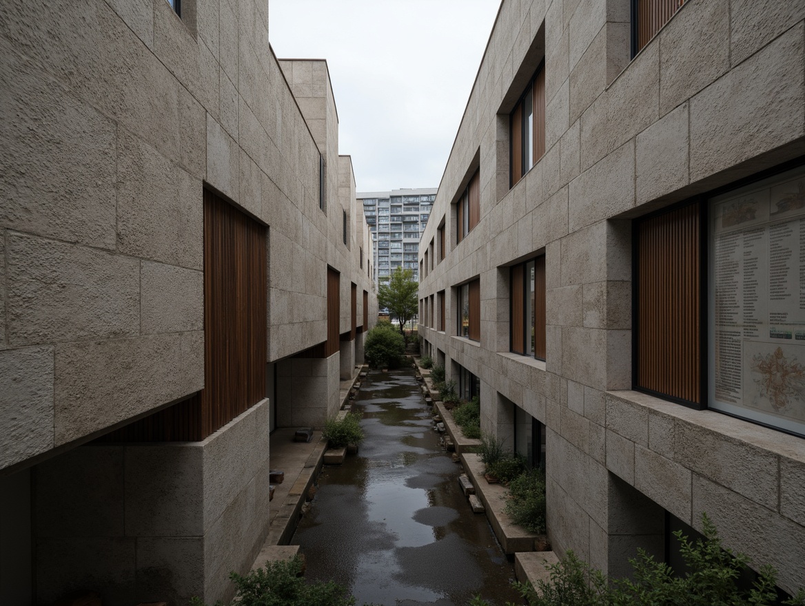 Prompt: Rough-hewn brutalist building, exposed concrete walls, rugged stone textures, industrial metal accents, reclaimed wood elements, raw unfinished surfaces, dramatic natural light, moody atmospheric shadows, minimalist decor, functional simplicity, urban cityscape background, overcast sky, strong geometric forms, brutalist architectural style, fortress-like structure, imposing scale, monumental presence, low-key color palette, muted earth tones, weathered patina, distressed finishes, industrial heritage inspiration.