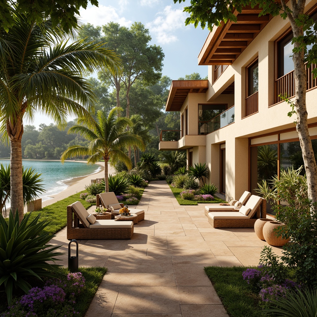 Prompt: Lush tropical foliage, exotic palm trees, vibrant floral arrangements, natural wood accents, woven rattan furniture, breezy open-air spaces, floor-to-ceiling windows, sliding glass doors, sun-drenched verandas, warm beige stucco walls, earthy terracotta floors, organic shapes, soft diffused lighting, high ceilings, clerestory windows, skylights, bright airy atmosphere, relaxed casual ambiance, lush green roofs, natural stone pathways, serene water features, warm sandy beach, turquoise ocean views, dramatic sunsets, 1/1 composition, panoramic view, realistic textures, ambient occlusion.