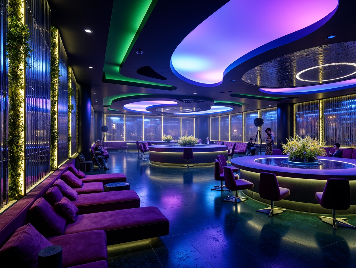 Prompt: Vibrant nightclub interior, deep blue accents, neon green highlights, rich purple hues, metallic silver decorations, glossy black floors, strobe lights, LED installations, futuristic architecture, curved lines, geometric patterns, luxurious velvet fabrics, mirror reflections, dimmed warm lighting, shallow depth of field, 1/2 composition, atmospheric fog effects, realistic textures, ambient occlusion.