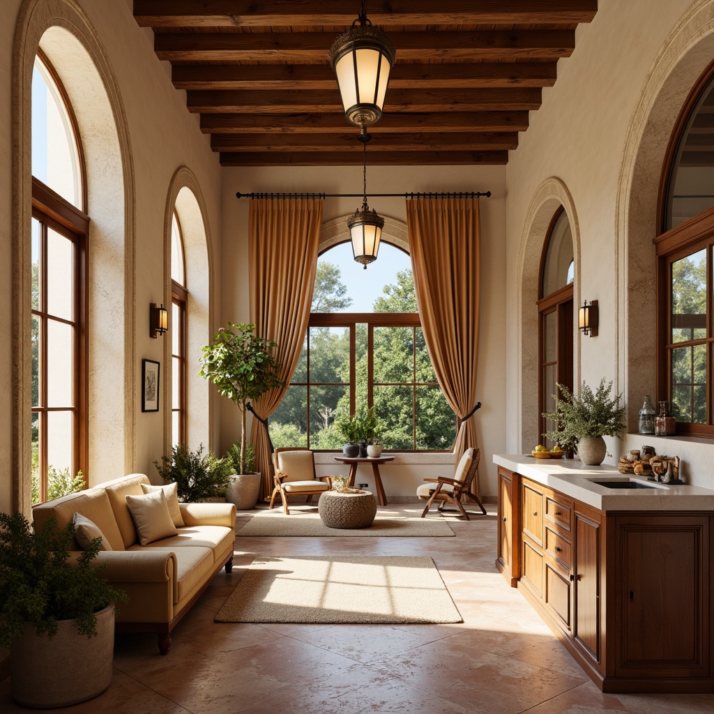 Prompt: Luxurious villa interior, warm beige stonework, creamy marble countertops, rich walnut wood accents, ornate metalwork details, soft golden lighting, plush velvet upholstery, subtle patterned rugs, elegant archways, grand chandeliers, lavish drapery, rustic terracotta flooring, distressed wooden beams, Mediterranean-inspired tiles, tranquil atmosphere, 1/1 composition, warm color palette, realistic textures, ambient occlusion.