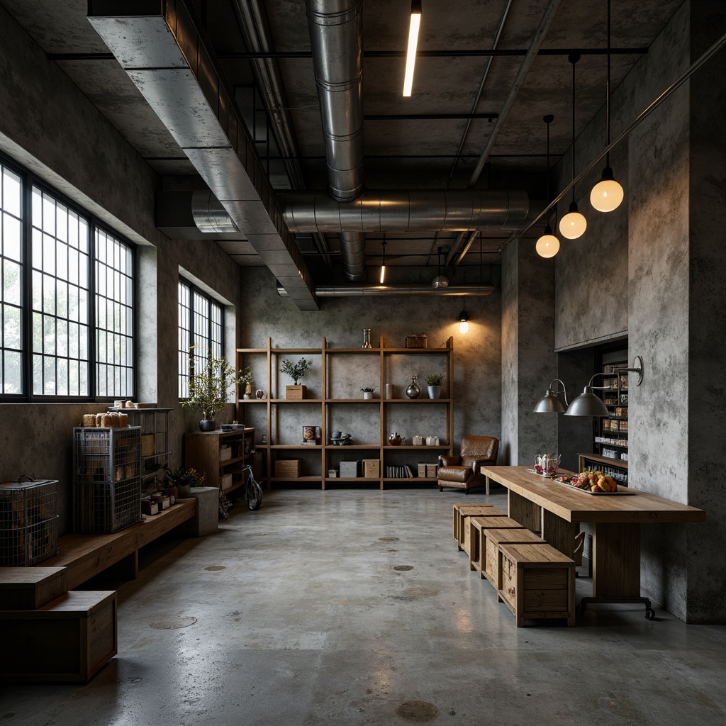 Prompt: Exposed ductwork, industrial pipes, concrete floors, raw steel beams, minimal decor, functional shelving units, metal storage cages, industrial-style lighting fixtures, bare Edison bulbs, metal shades, distressed finishes, rough-textured walls, cold atmospheric color palette, high-contrast lighting, dramatic shadows, 1/1 composition, stark realism, ambient occlusion.