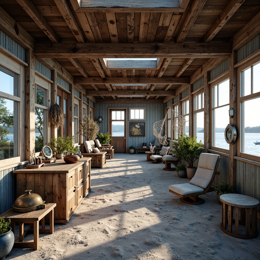 Prompt: Rustic boathouse, weathered wood accents, nautical ropes, fishing nets, ocean-inspired color palette, calming blues and whites, sandy textures, driftwood furniture, vintage navigational instruments, porthole windows, natural light, soft warm ambiance, shallow depth of field, 1/2 composition, realistic water reflections, ambient occlusion.