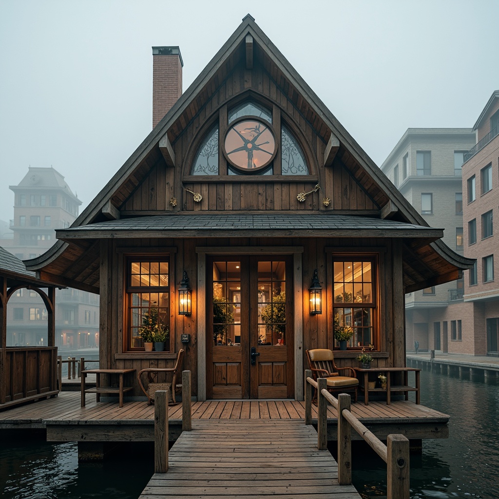 Prompt: Rustic boathouse, wooden dock, vintage nautical decor, intricate stone carvings, pointed arches, ribbed vaults, flying buttresses, stained glass windows, ornate wooden doors, heavy iron hinges, Gothic Revival architecture, waterfront location, misty morning, soft warm lighting, shallow depth of field, 1/1 composition, realistic textures, ambient occlusion.