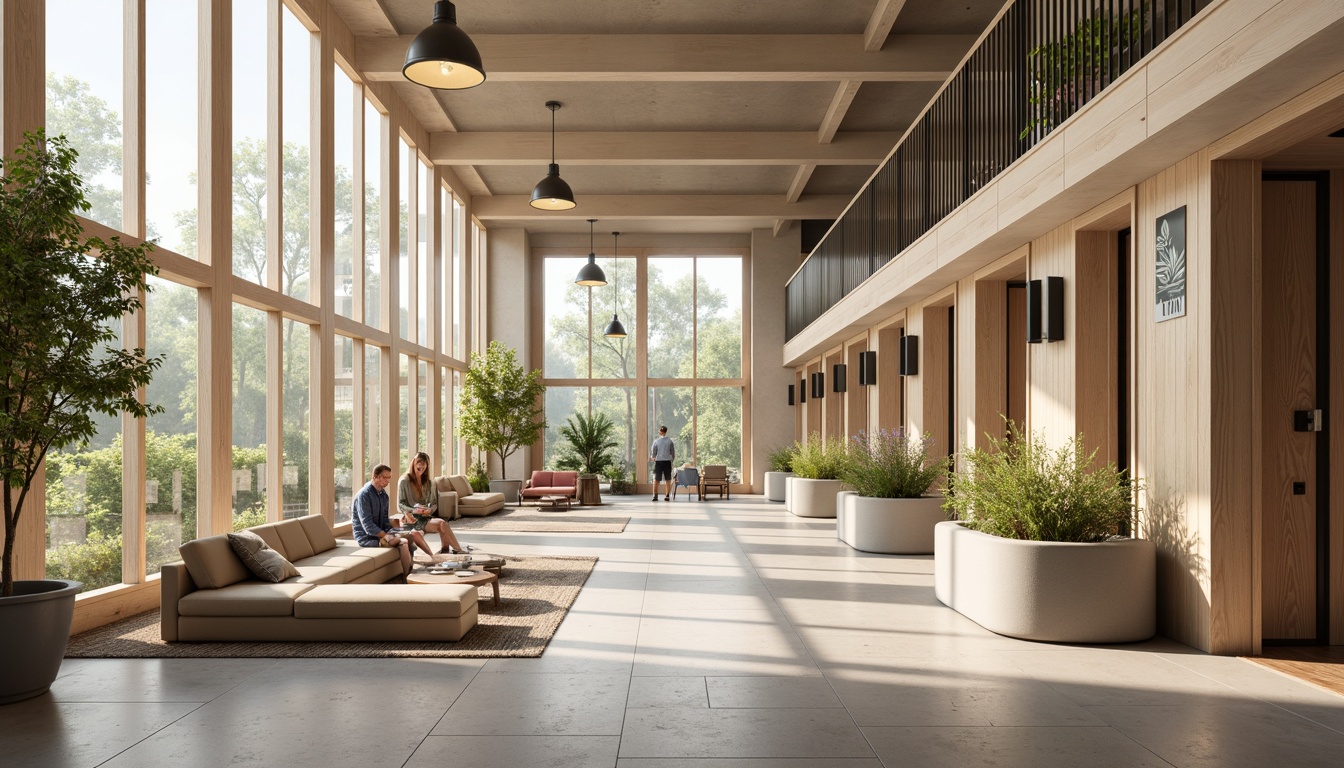 Prompt: Cozy campus building, Nordic-inspired interior design, abundant natural light, large windows, wooden accents, minimalist decor, soft beige walls, polished concrete floors, warm textiles, pendant lamps, greenery, botanical prints, neutral color palette, inviting atmosphere, shallow depth of field, 1/1 composition, softbox lighting, subtle shadows, realistic materials.