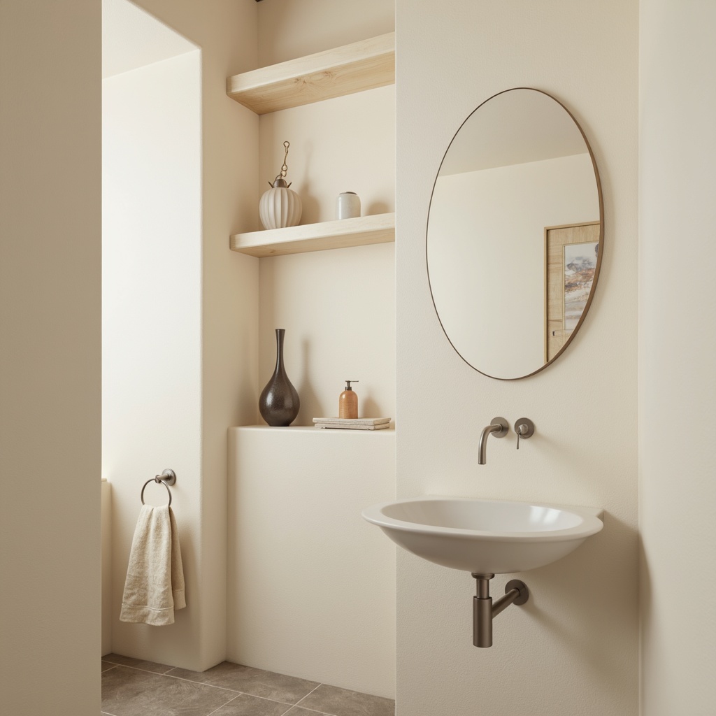 Prompt: Monochromatic powder room, soft cream walls, matte finish, subtle texture, minimalist decor, modern fixtures, wall-mounted sink, floating shelves, sleek faucet, ambient lighting, warm white tones, 1/1 composition, shallow depth of field, soft focus, realistic render.