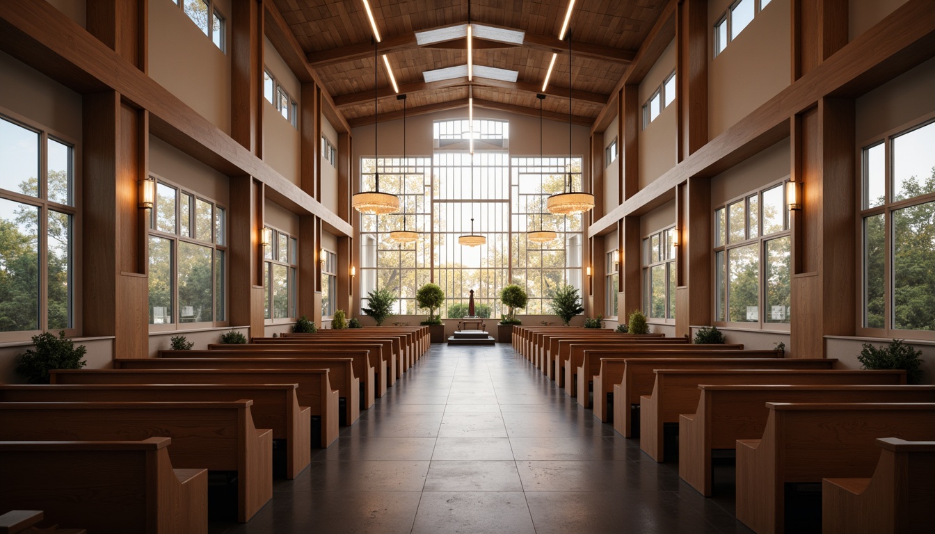 Prompt: Contemporary church interior, stained glass windows, soft warm lighting, LED ambient lights, wooden pews, minimalist decor, high ceilings, clerestory windows, natural daylight, subtle color palette, calming atmosphere, spiritual ambiance, modern chandeliers, pendant lamps, indirect illumination, diffuse reflections, 3/4 composition, shallow depth of field, realistic textures, ambient occlusion.