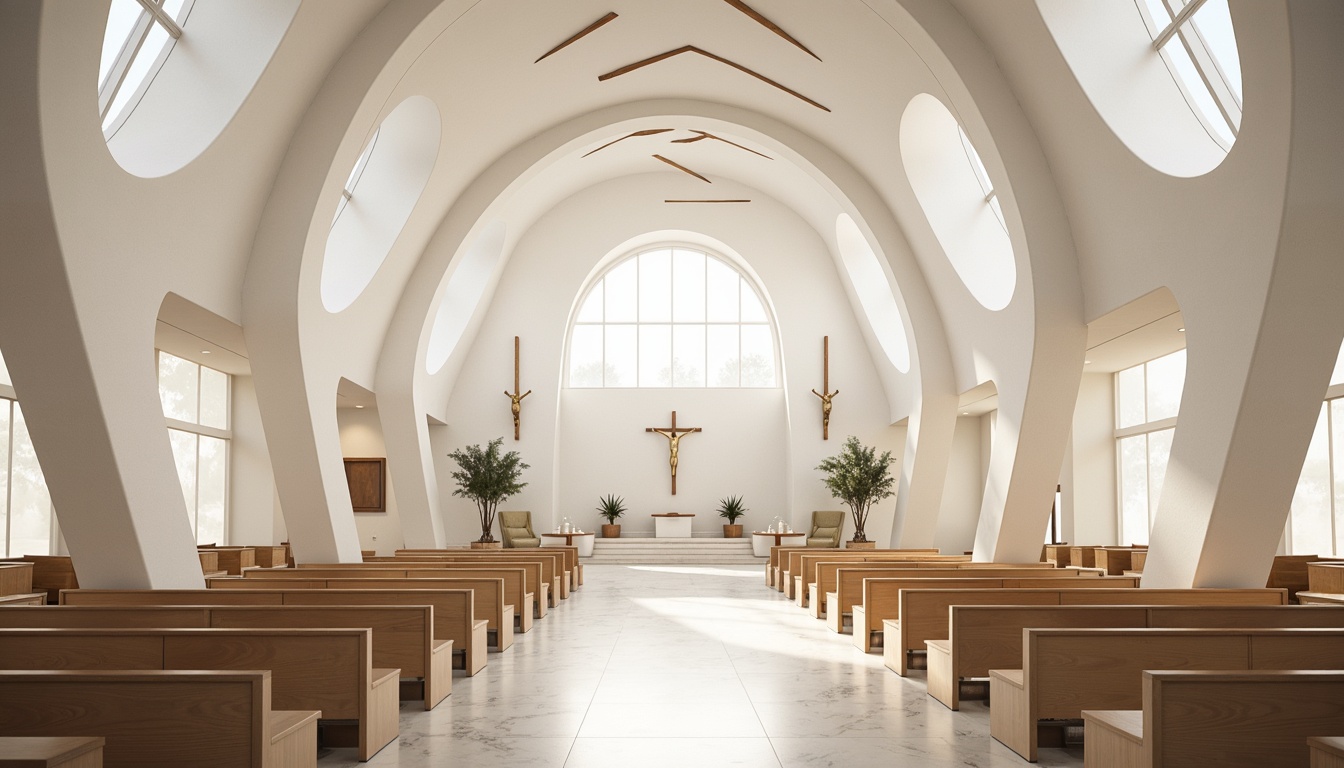 Prompt: Minimalist church interior, sleek white walls, subtle textures, elegant curves, polished marble floors, stained glass windows, natural light pouring in, soft warm ambiance, minimalist benches, simple wooden pews, modern crucifixes, abstract artwork, geometric patterns, sophisticated color palette, cream tones, gold accents, luxurious fabrics, ornate details, dramatic archways, high ceilings, airy atmosphere, shallow depth of field, 1/1 composition, panoramic view, realistic reflections, ambient occlusion.