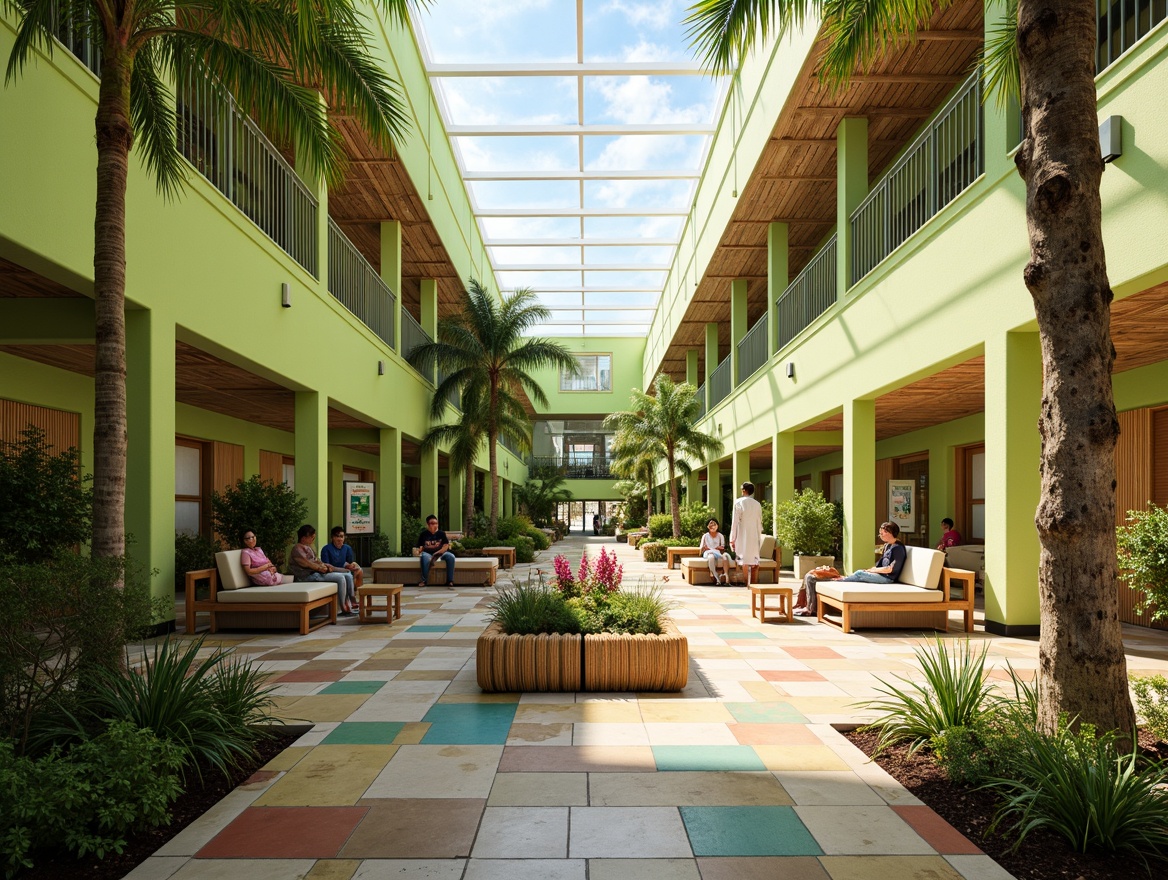 Prompt: Vibrant tropical high school, open-air corridors, lush green walls, natural wood accents, colorful ceramic tiles, woven bamboo furniture, modern minimalist architecture, large skylights, glass roofs, bright warm lighting, shallow depth of field, 3/4 composition, panoramic view, realistic textures, ambient occlusion, palm trees, exotic flowers, water features, outdoor classrooms, flexible seating areas, collaborative learning spaces, interactive whiteboards, educational signage, airy atmosphere, soft breezy winds.