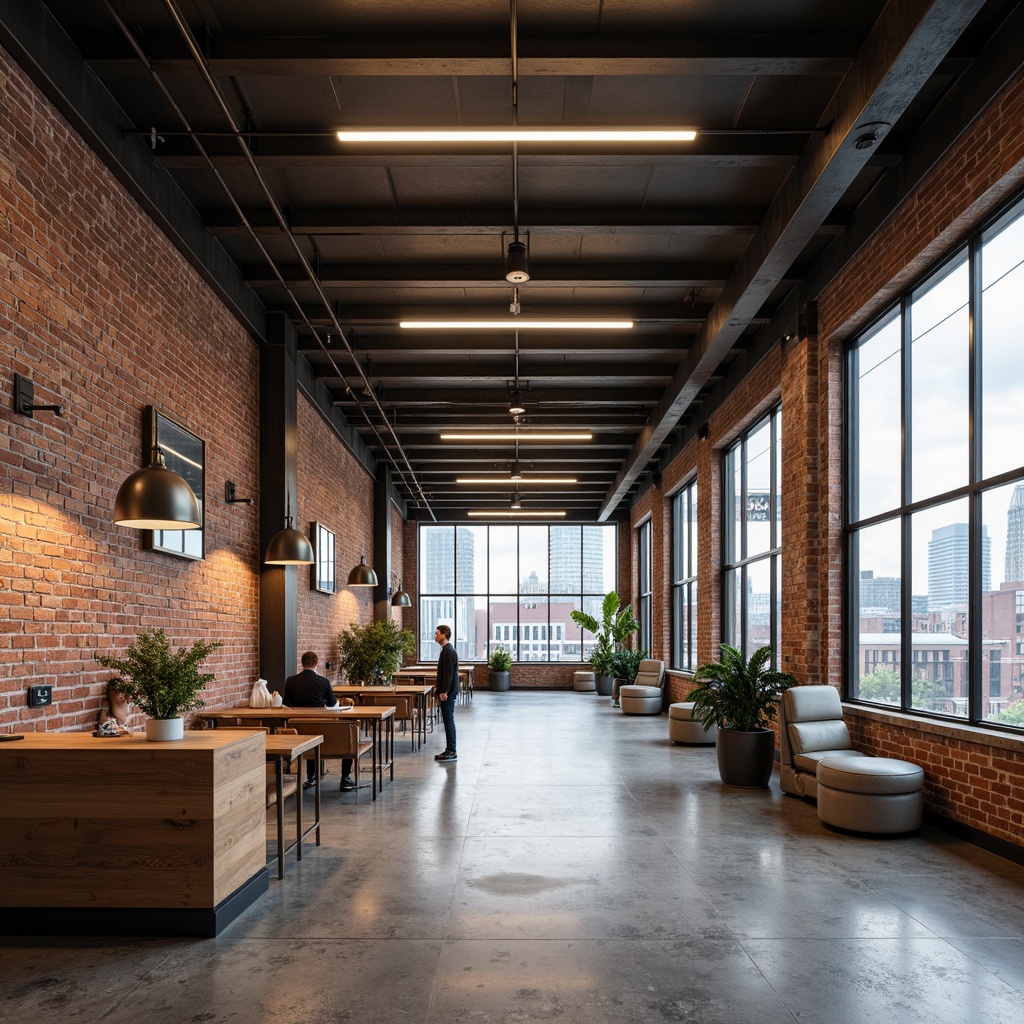 Prompt: Exposed brick walls, industrial metal beams, polished concrete floors, modern minimalistic decor, sleek LED light strips, metallic pendant lamps, functional workspaces, urban loft atmosphere, warm neutral color palette, dramatic high ceilings, reclaimed wood accents, steel windows, cityscape views, cloudy day, soft diffused lighting, shallow depth of field, 1/1 composition, realistic reflections, ambient occlusion.