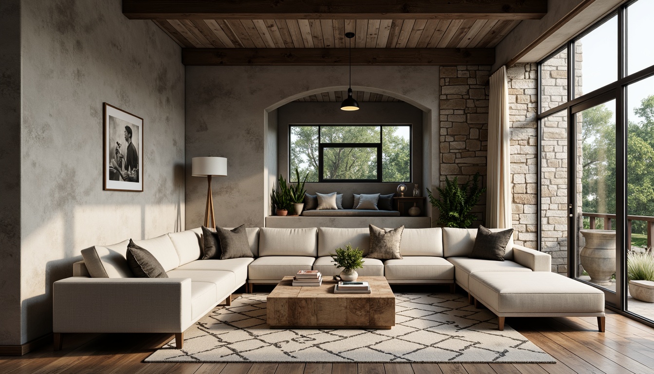 Prompt: Rugged family room, brutalist architecture, exposed concrete walls, industrial metal beams, reclaimed wood flooring, minimalist decor, low-profile sectional sofa, chunky wooden coffee table, geometric patterned rug, statement lighting fixtures, pendant lamps, natural stone accent wall, earthy color palette, cozy reading nook, floor-to-ceiling windows, abundant natural light, 1/2 composition, dramatic shadows, realistic textures, ambient occlusion.