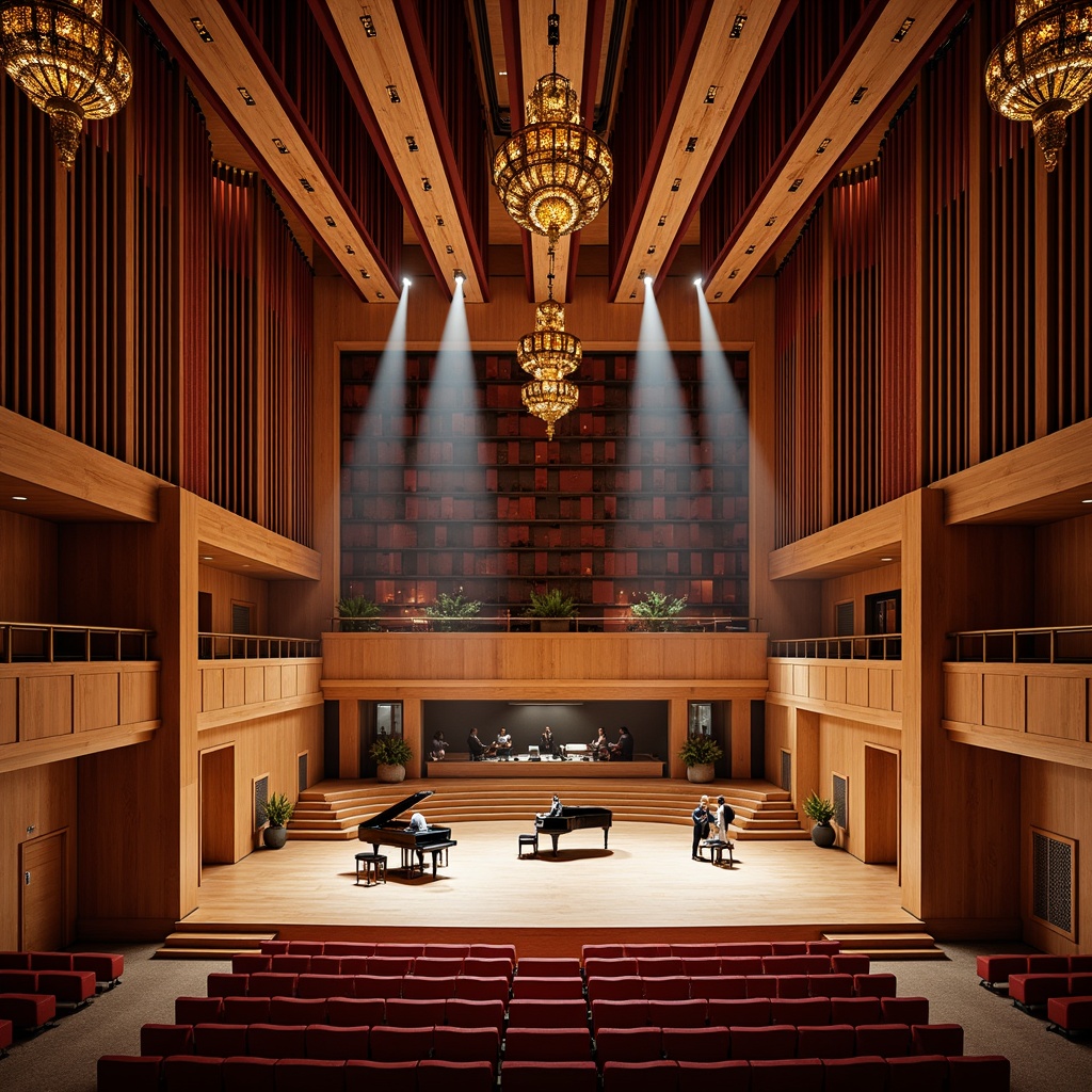 Prompt: Elegant concert hall, rich wood tones, velvet curtains, ornate chandeliers, grand pianos, acoustic panels, tiered seating, plush red chairs, dramatic spotlights, flexible stage configurations, minimalist backstage areas, soundproofing materials, sleek metal railings, polished concrete floors, vibrant color schemes, abstract geometric patterns, modern LED lighting systems, 1/1 composition, shallow depth of field, warm soft focus, realistic textures.