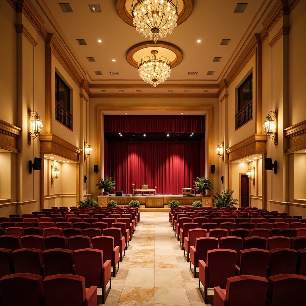 Prompt: Elegant auditorium interior, warm beige walls, rich wood tones, soft velvet seats, golden lighting fixtures, subtle stage lighting, crimson red curtains, polished marble floors, ornate ceiling details, symmetrical architecture, grand chandeliers, sophisticated sound systems, acoustic paneling, cozy atmosphere, intimate seating arrangements, dramatic spotlights, warm ambient glow, shallow depth of field, 1/2 composition, realistic textures, ambient occlusion.