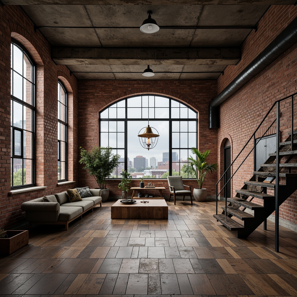 Prompt: Exposed brick walls, industrial metal beams, reclaimed wood floors, vintage factory windows, distressed concrete ceilings, metal grated stairs, minimalist decor, functional piping, Edison bulb fixtures, steel shelving units, urban cityscape views, cloudy day, soft diffused lighting, shallow depth of field, 1/2 composition, realistic textures, ambient occlusion.