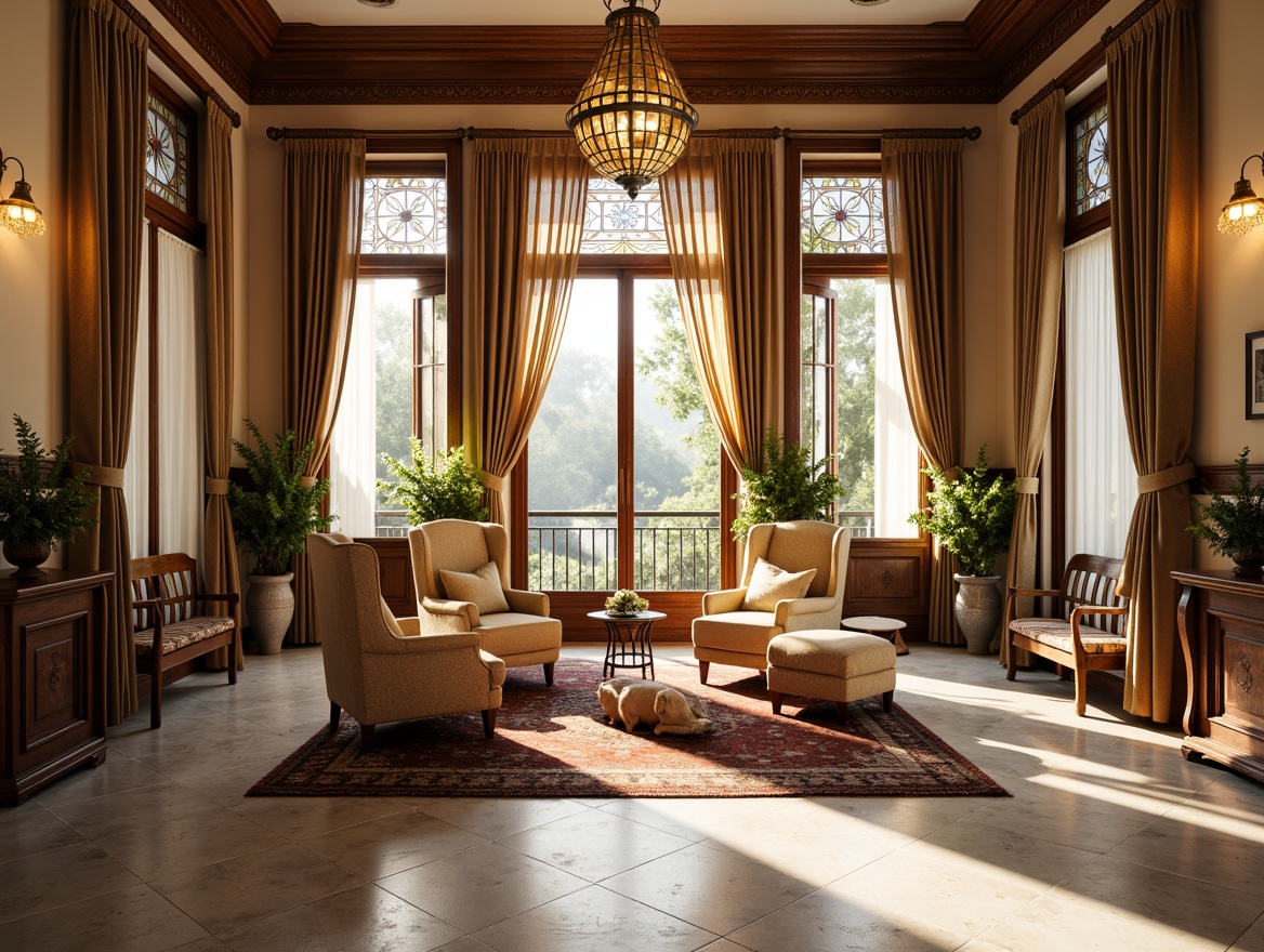 Prompt: Elegant sunroom, ornate wooden trims, stained glass windows, delicate floral patterns, rich velvet drapes, warm beige walls, polished marble floors, plush armchairs, lavish chandeliers, soft diffused natural light, morning sunlight, gentle shadows, 1/1 composition, symmetrical framing, subtle color palette, realistic textures, ambient occlusion.