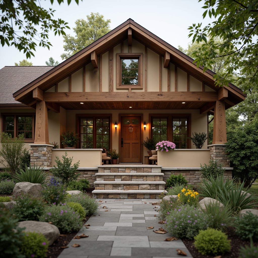 Prompt: Earthy Craftsman home, natural wood tones, warm beige stucco, rustic stone foundation, lush greenery, blooming flowers, wooden porch, inviting lanterns, copper accents, rich brown roofs, soft warm lighting, cozy atmosphere, shallow depth of field, 3/4 composition, realistic textures, ambient occlusion.