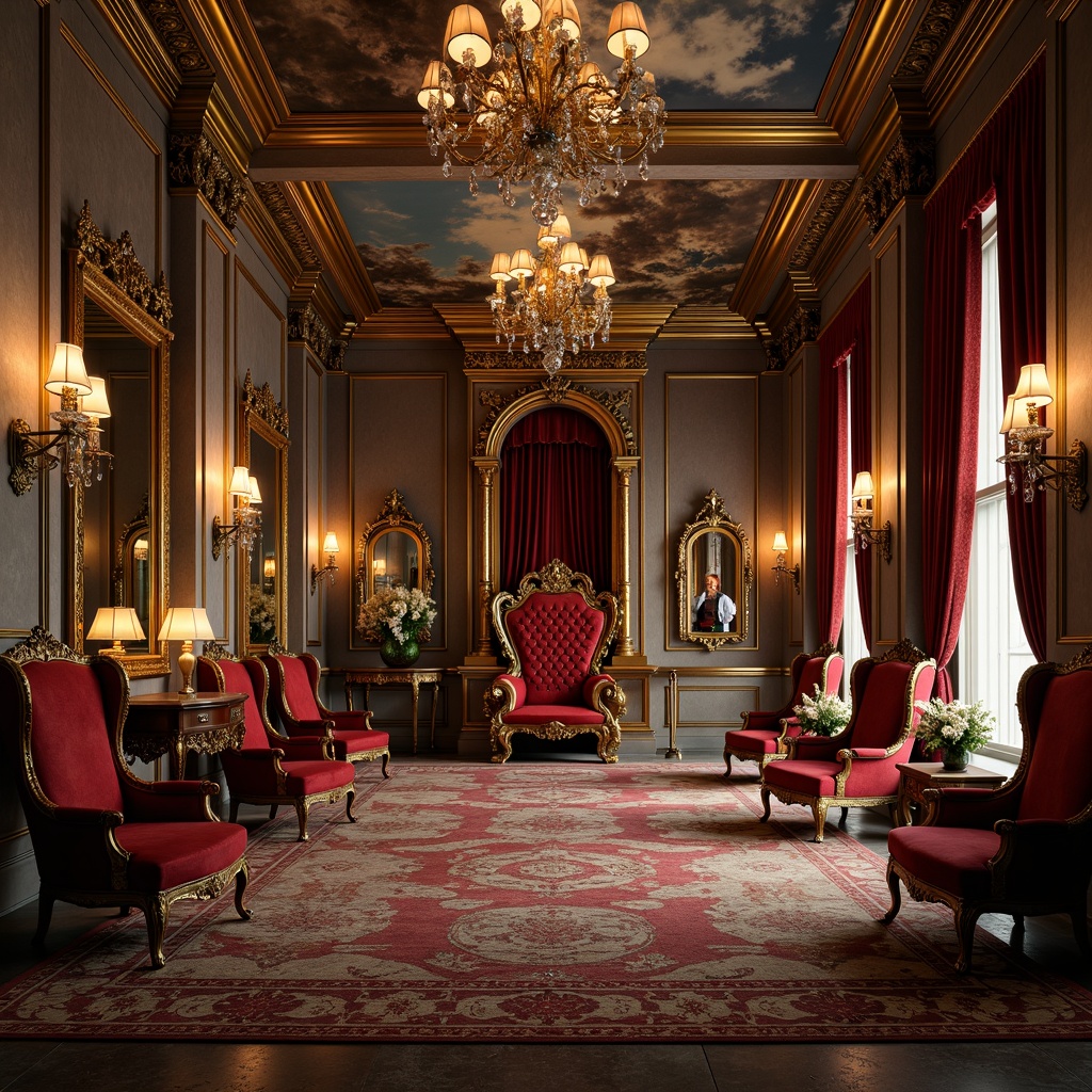 Prompt: Ornate throne chairs, luxurious velvet upholstery, gilded wooden frames, intricately carved legs, opulent crystal chandeliers, lavish marble tables, ornamental mirrors, richly patterned rugs, majestic drapery, golden accents, intricate fresco ceilings, grandiose architectural details, dramatic lighting effects, warm candlelight ambiance, 1/2 composition, low-key lighting, realistic fabric textures, subtle ambient occlusion.