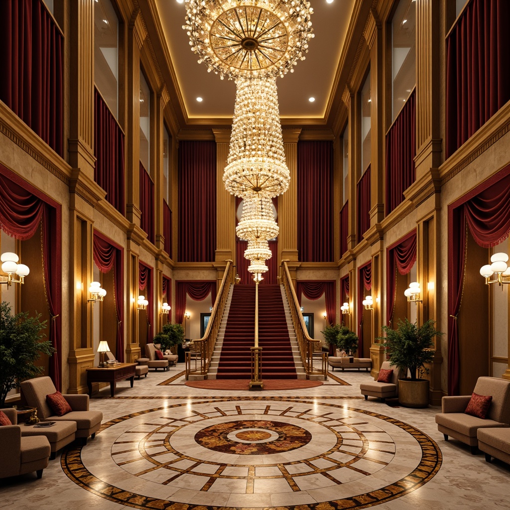 Prompt: Luxurious hotel lobby, intricately patterned marble floors, ornate chandeliers, grand staircase, velvet drapes, lavish furnishings, rich wood paneling, gilded accents, elegant archways, sophisticated lighting fixtures, luxurious textiles, opulent color schemes, majestic high ceilings, refined ambiance, warm golden lighting, shallow depth of field, 1/2 composition, dramatic focal point, realistic reflections, ambient occlusion.