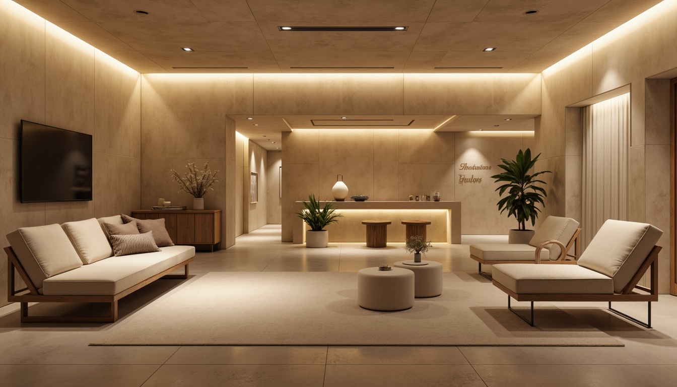 Prompt: Minimalist interior, soft warm glow, subtle LED strips, recessed lighting, sleek lines, industrial chic, polished concrete floors, minimalist furniture, low-profile sofas, monochromatic color scheme, natural textiles, ambient indirect lighting, 1/1 composition, shallow depth of field, realistic reflections, warm beige tones, calm atmosphere, serene ambiance.