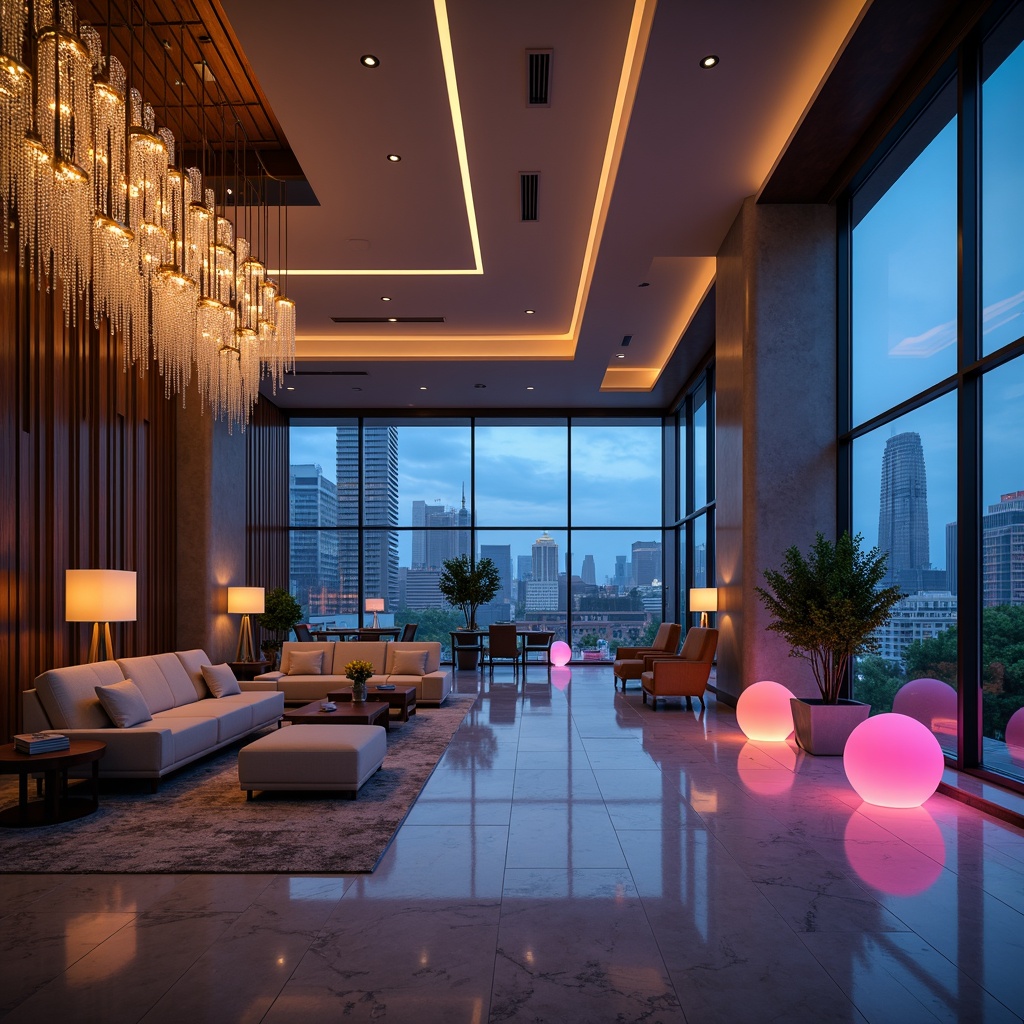 Prompt: Elegant chandeliers, soft warm glow, LED strip lights, ambient floor lamps, cozy table lamps, futuristic sconces, vibrant color changing bulbs, dynamic lighting patterns, luxurious marble floors, modern minimalist interior design, spacious open layout, high ceilings, large windows, city skyline views, starry night sky, subtle misting effects, shallow depth of field, 1/1 composition, realistic textures, ambient occlusion.