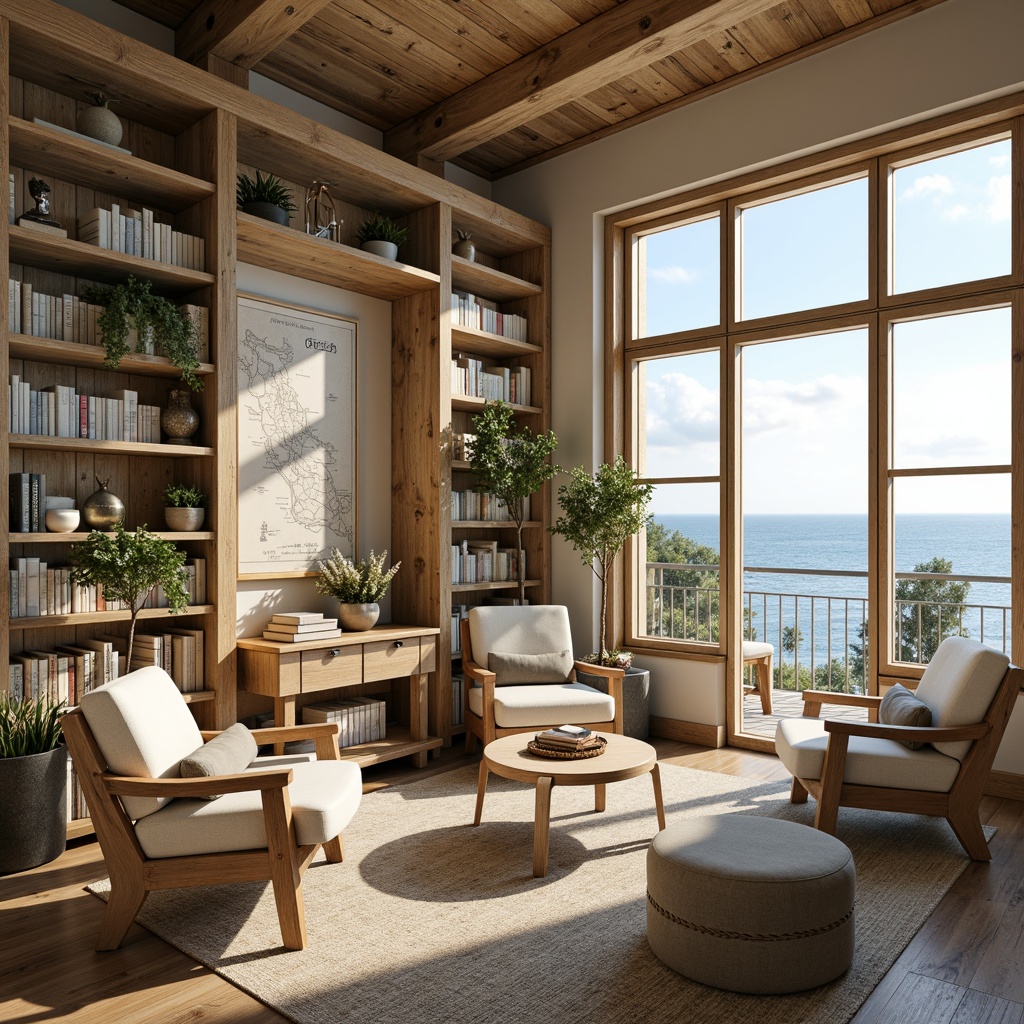 Prompt: Warm bookshelves, driftwood accents, soft sandy beiges, calming seafoam greens, creamy whites, weathered wooden floors, nautical rope details, vintage nautical maps, classic novels, cozy reading nooks, plush armchairs, natural fiber rugs, large windows, ocean views, sunny day, soft warm lighting, shallow depth of field, 3/4 composition, realistic textures, ambient occlusion.