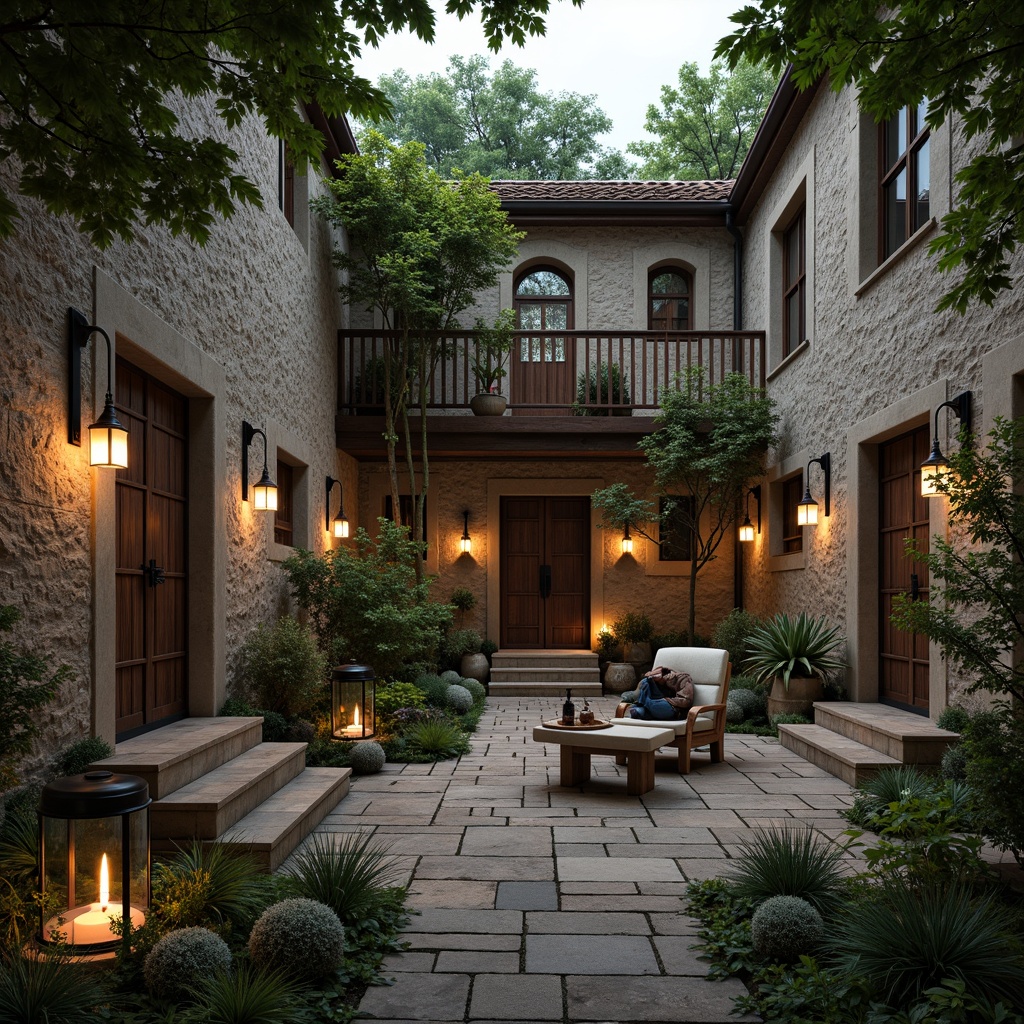 Prompt: Rustic monastery courtyard, weathered stone walls, wooden benches, lush greenery, natural stone pathways, lanterns, candlelit ambiance, soft warm lighting, shallow depth of field, 3/4 composition, panoramic view, realistic textures, ambient occlusion, serene atmosphere, peaceful surroundings, quiet contemplation, spiritual retreat, rustic wooden doors, iron hinges, worn stone floors, vintage monastery artifacts, arched windows, stained glass details, earthy color palette, natural materials, organic shapes, harmonious proportions.